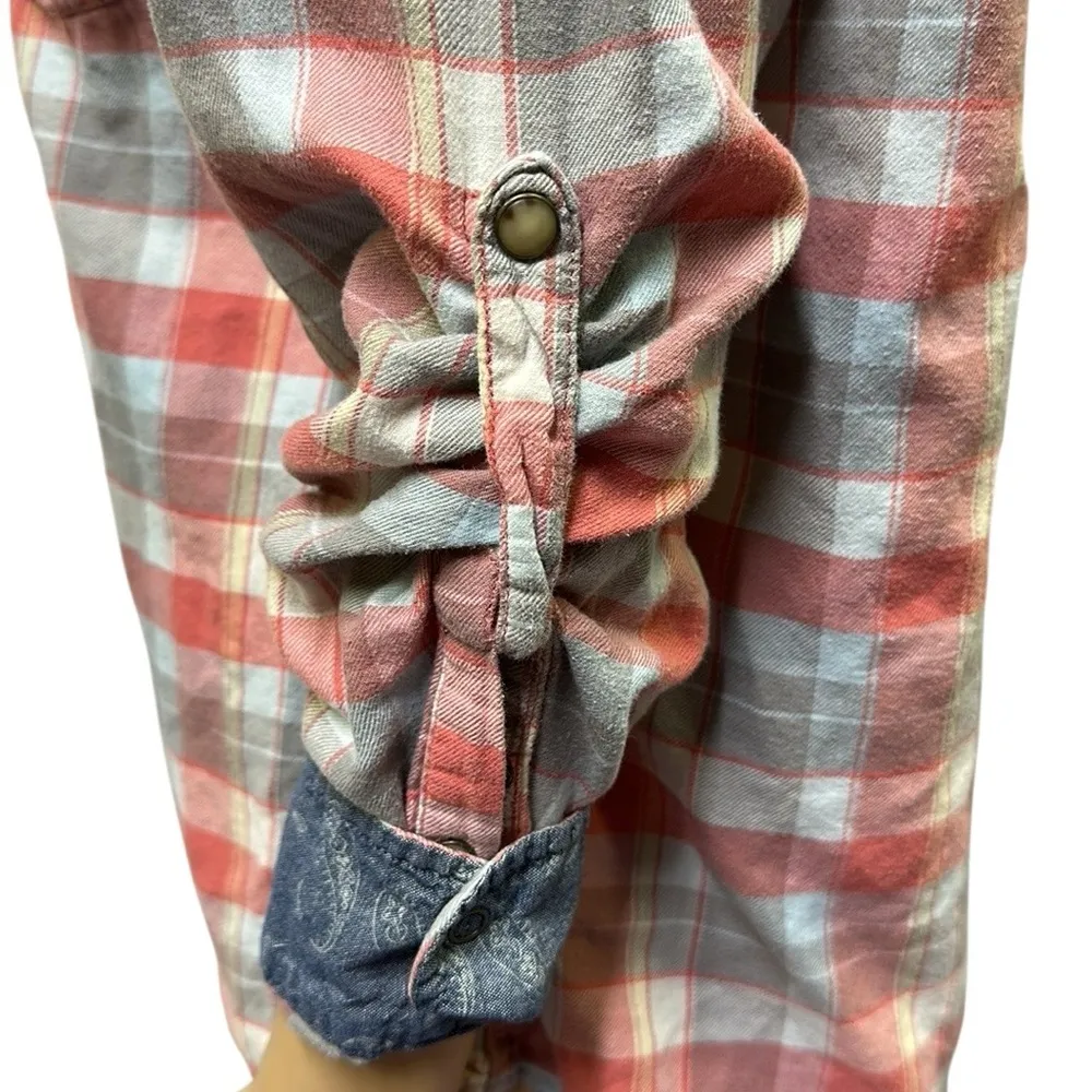 Jachs Girlfriend Bea Cotton Flannel Plaid Snap Up Roll Tab Long Sleeve Shirt L - Image 4
