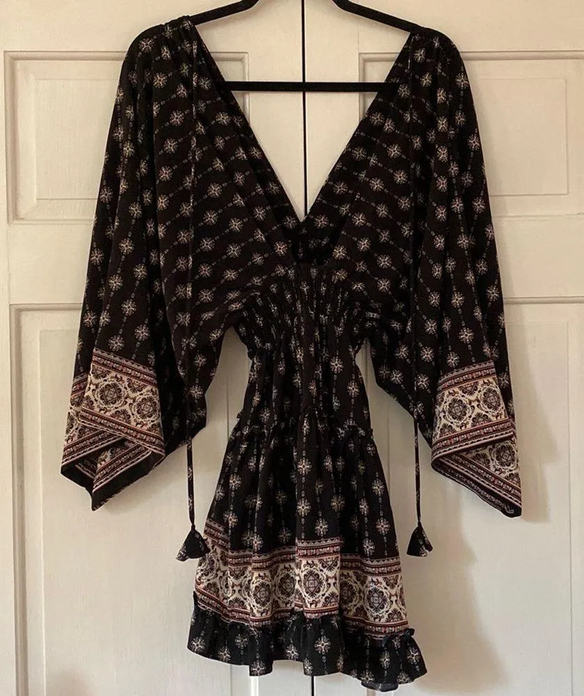 MISA Los Angeles Neily Printed V-Neck Flounce Mini Dress Blouson Tie Back Kimono - Image 7