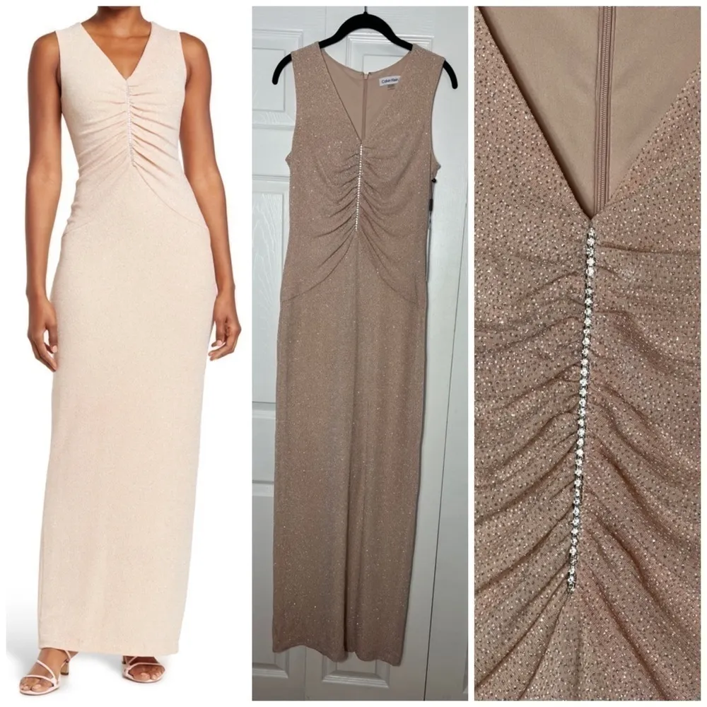 Calvin Klein Beige Glitter Knit Rhinestone Maxi Gown Dress Sleeveless Size 8 - Image 2