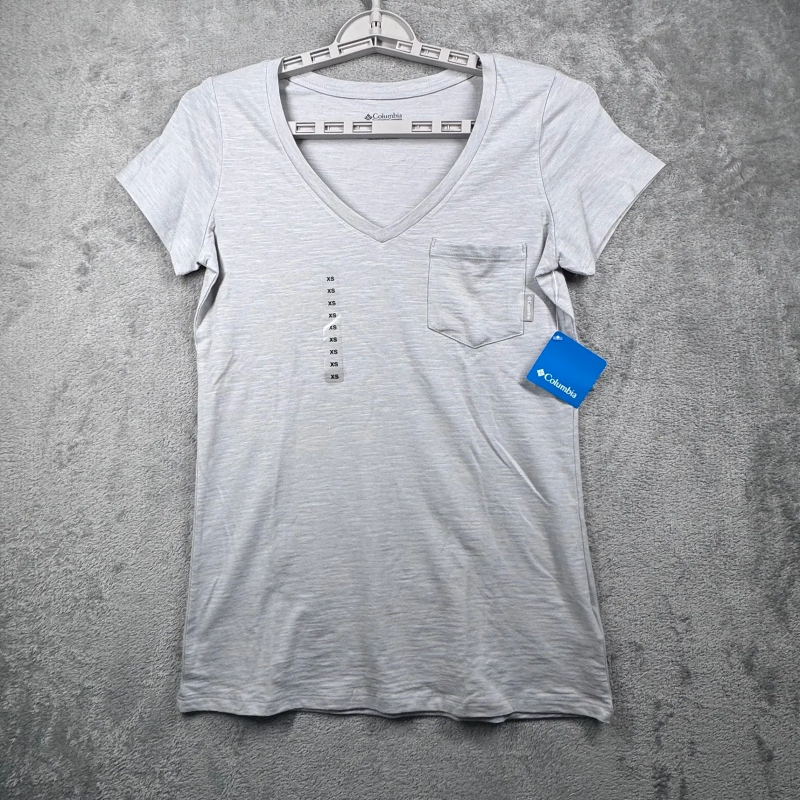 Columbia Womens XS TP Gray Pedal Flats Pocket‎ Short Sleeve V Neck T Shirt Top - Image 2