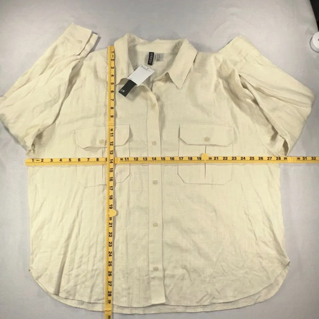 Divided H&M - Linen Blend Women's Button Shirt Long Sleeve Cream Size XL - Image 7
