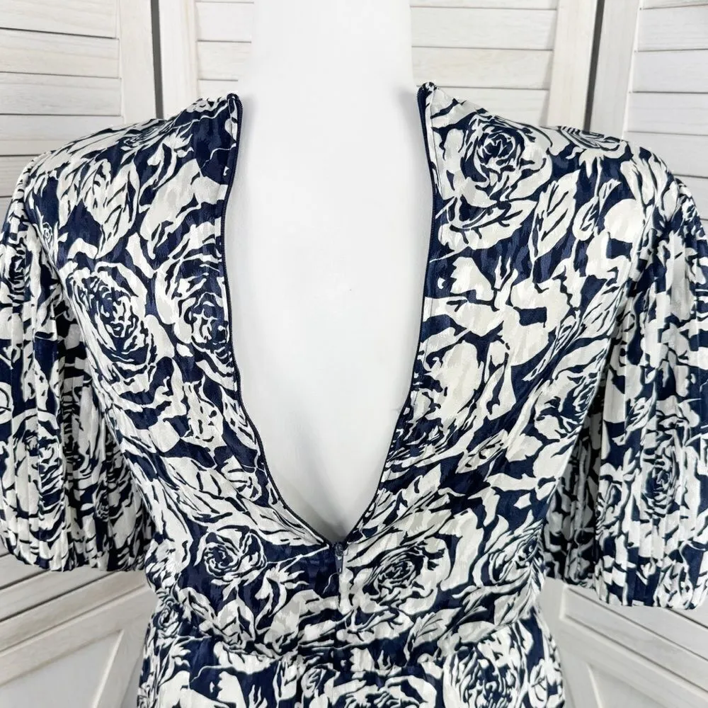 Vintage‎ Henry Lee Floral Satin Jacquard Pleated Puff Sleeve Dress Blue White 12 Blue - Image 8