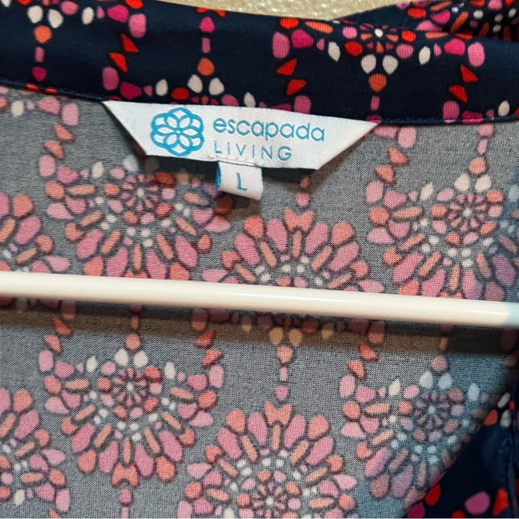 Escapada Living Shift Dress Collared Short Sleeve Navy Floral Split Neck L - Image 11