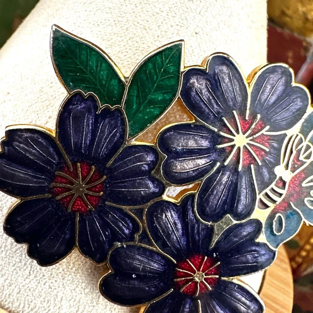Vintage Cloisonné Butterfly & Purple Floral Brooch - Image 2