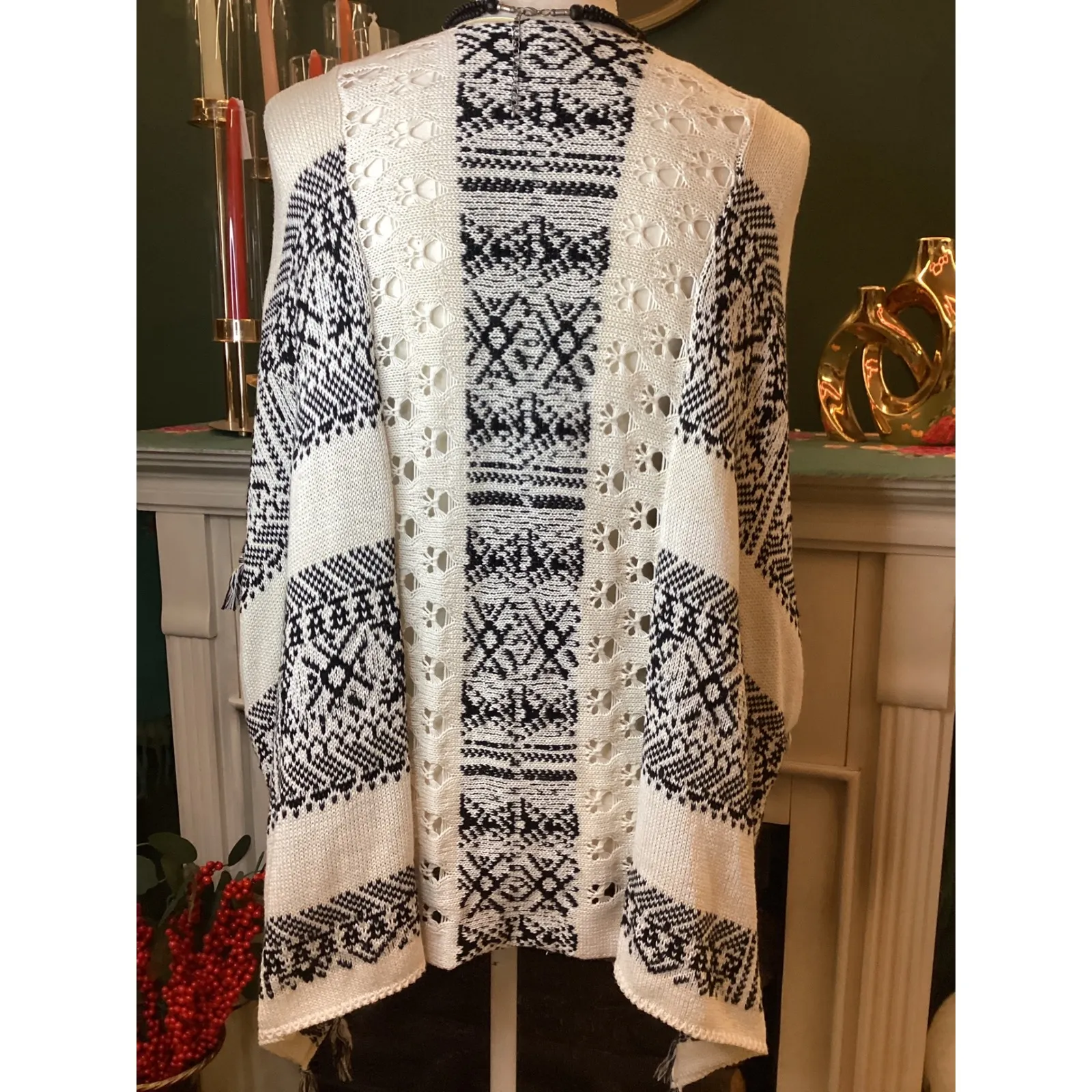 Democracy Knit Poncho Sweater Cream Black Fair Isle Lace Up Tassel Fringe M - Image 2