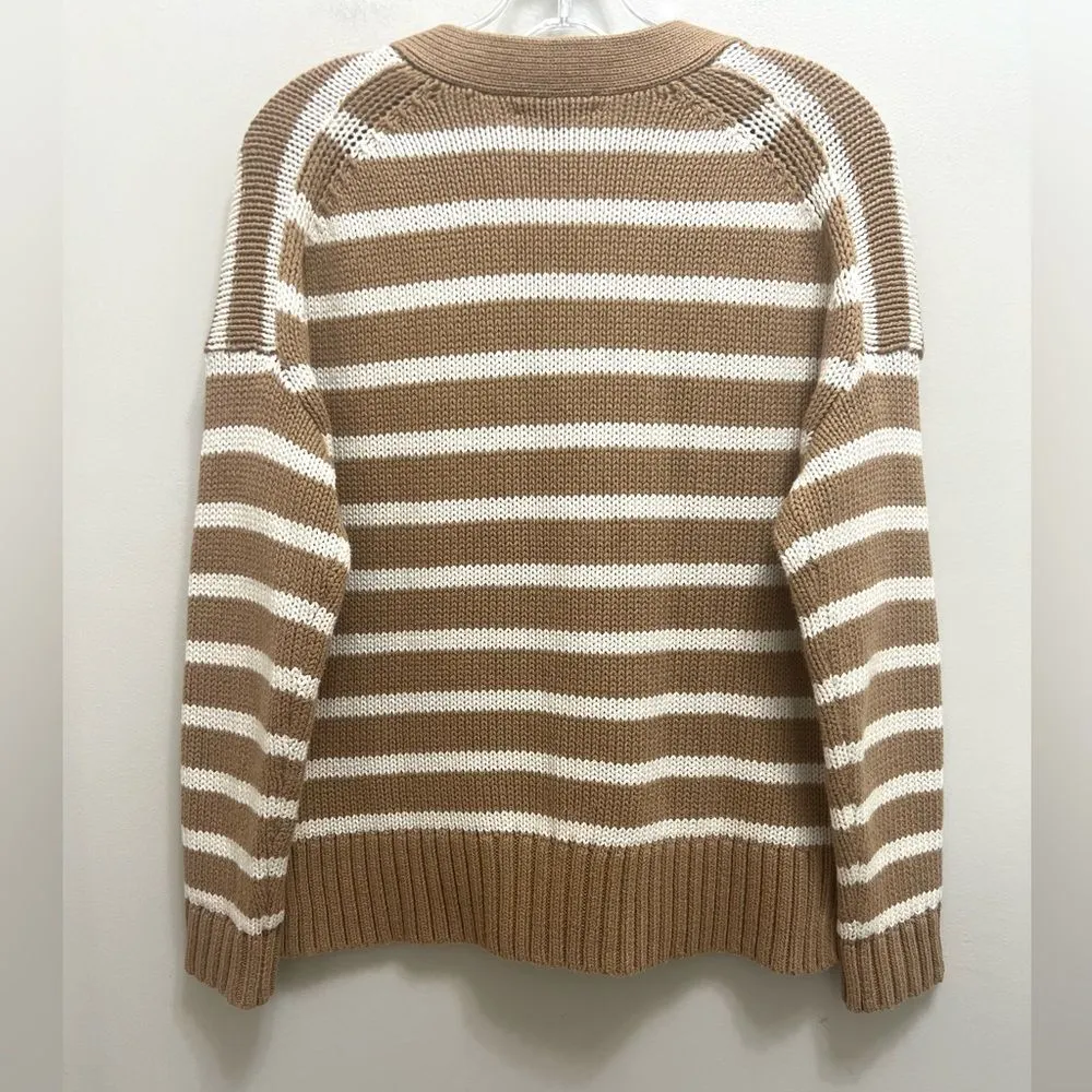 J. Crew Heritage Relaxed Cotton Striped Knit Cardigan Sweater Pockets Camel Tan - Image 3