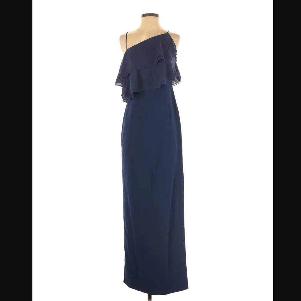 Aidan Mattox Dress 0 NWT Flounce Chiffon Crepe Maxi Slit Navy Blue Wedding Party - Image 3