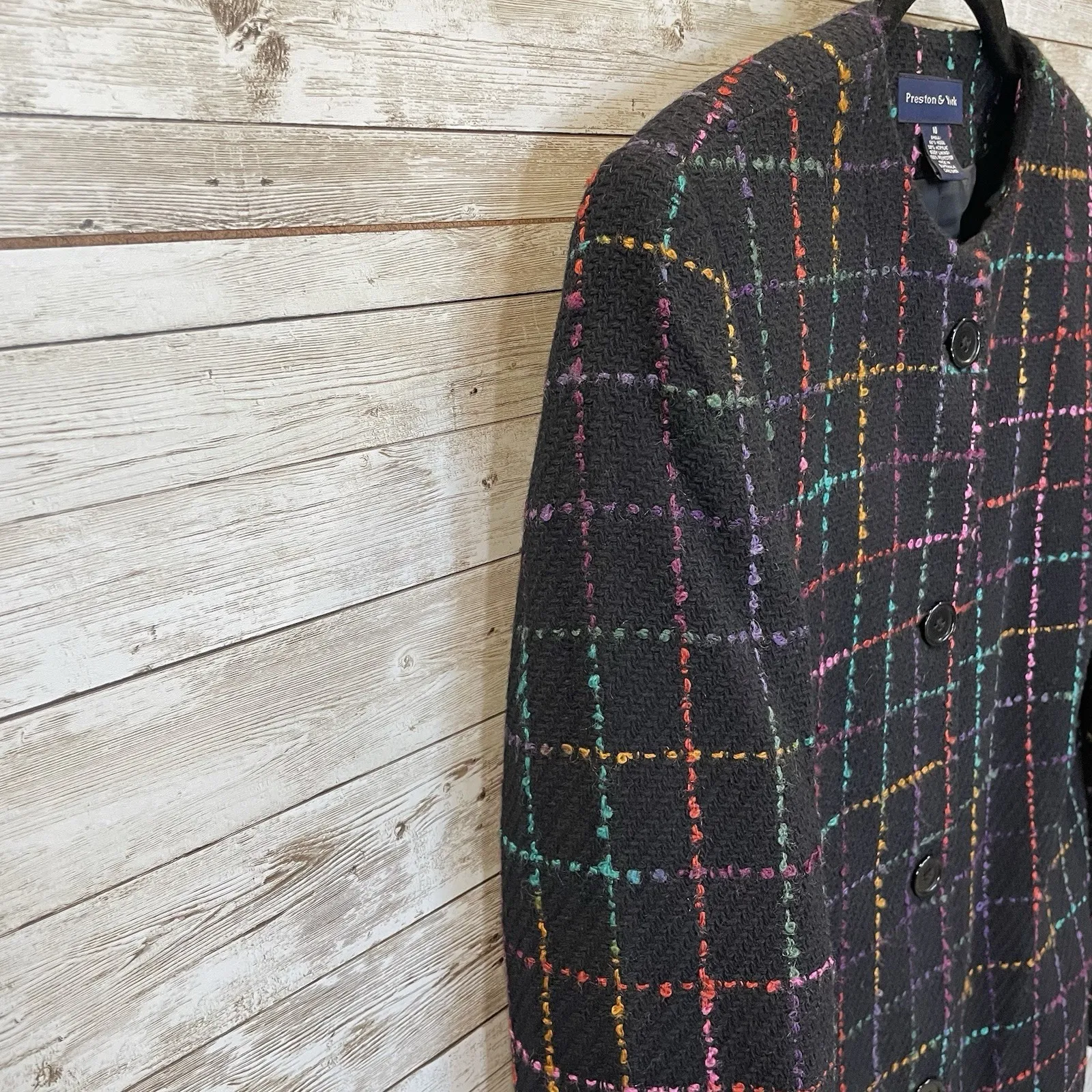 Preston & York Womens 10 Blazer Tweed Black & Pastel Plaid Button Up Wool Blend - Image 9