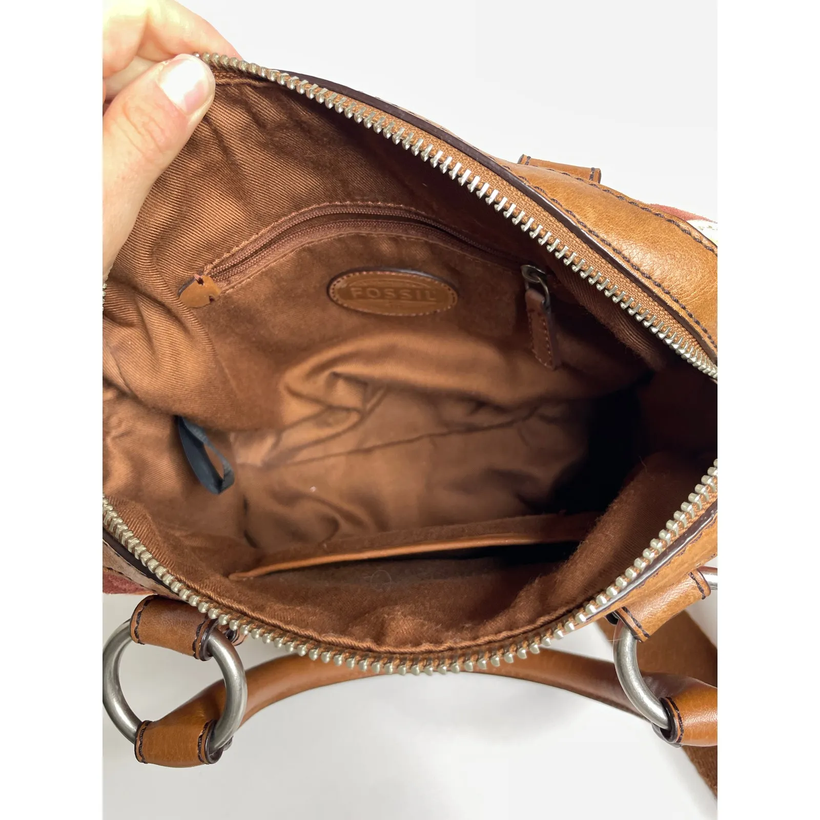 RARE FOSSIL LONG LIVE VINTAGE MADDOX PATCHWORK LEATHER SATCHEL HANDBAG PURSE - Image 11