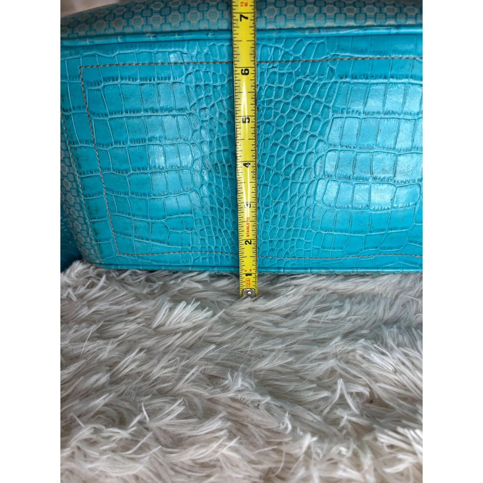 Vintage Teal Blue Tote Bag with Crocodile Embossed Pouch Purse‎ Satchel Travel - Image 6