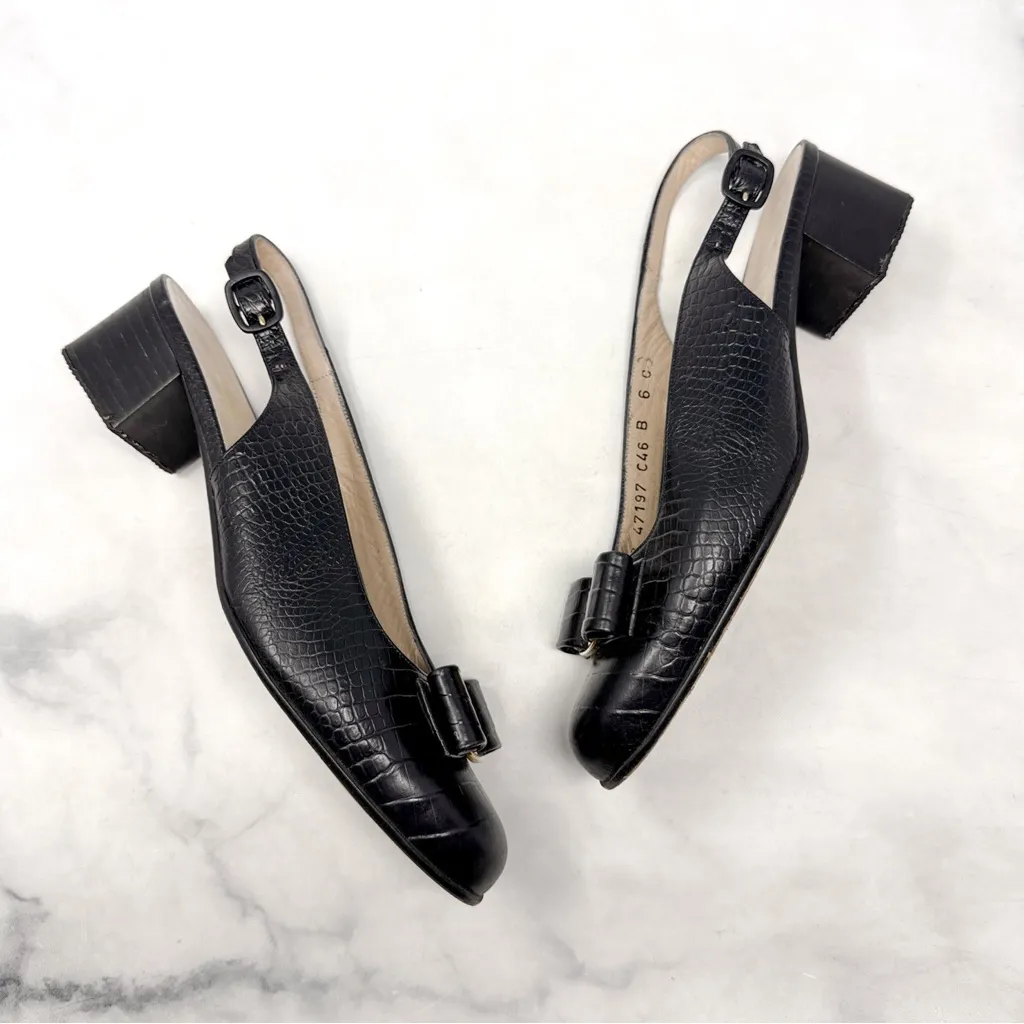 Salvatore Ferragamo Bow Embellished Croc Leather Slingback Low Heels Black 6 - Image 7