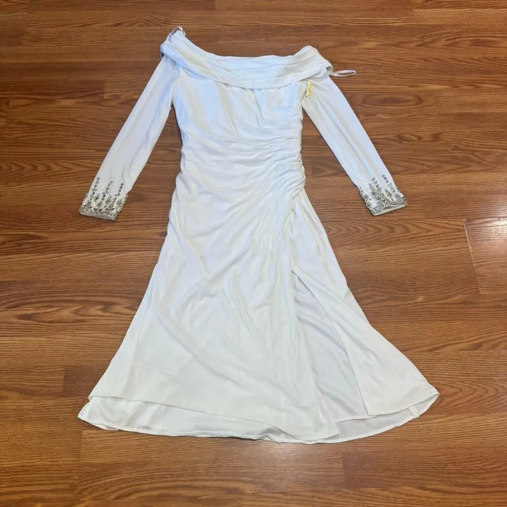 IEENA MAC DUGGAL MIDI bride White Off the Shoulder Beaded Long Sleeve size 8 - Image 12