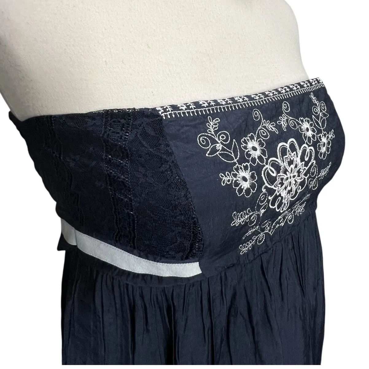 Agaci Mini Dress L Blue Strapless Lace Mesh Embroidered Smocked Y2K Boho Chic - Image 5