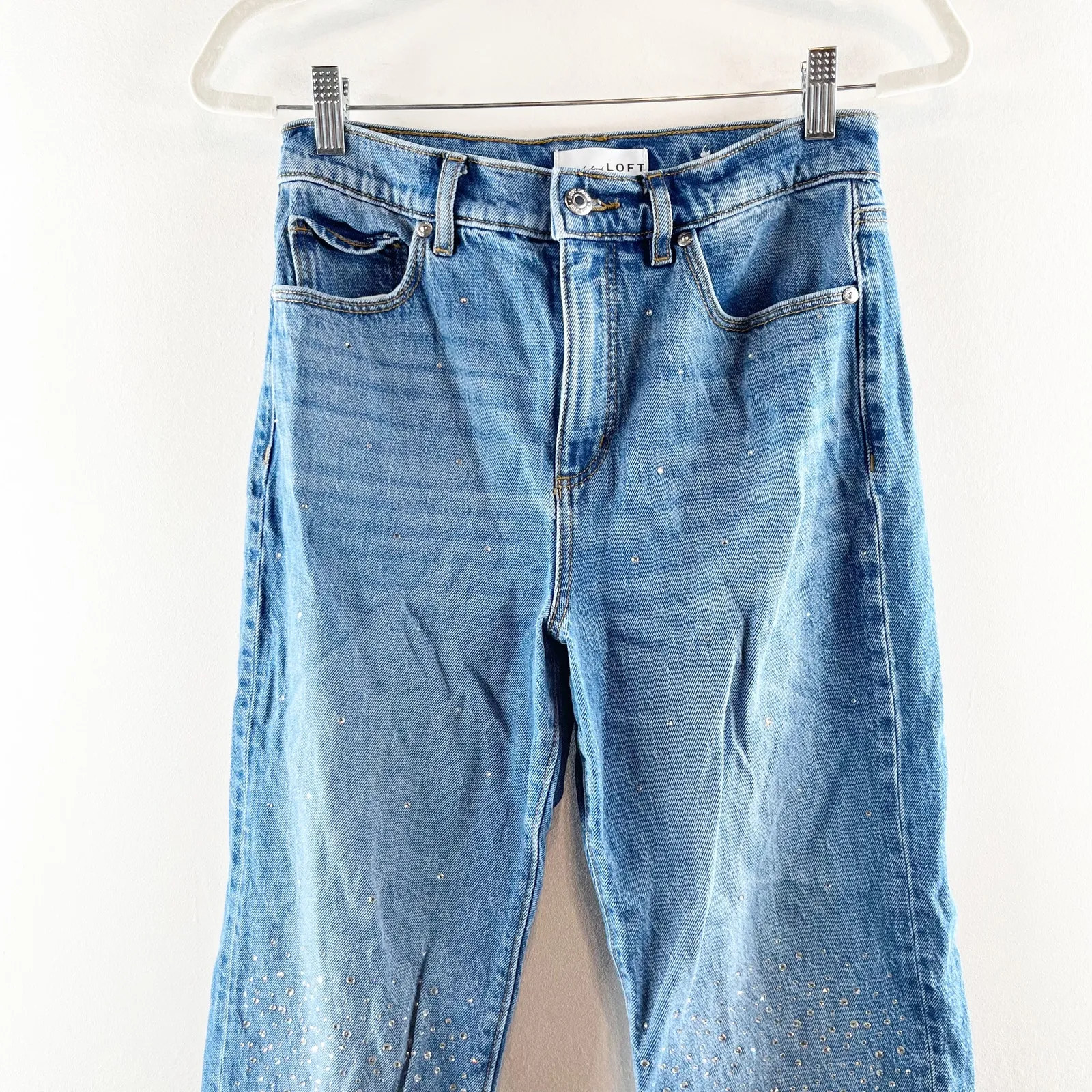 LOFT High Rise Straight Leg Raw Frayed Hem Rhinestone Jeans Blue 2 / 26 - Image 5