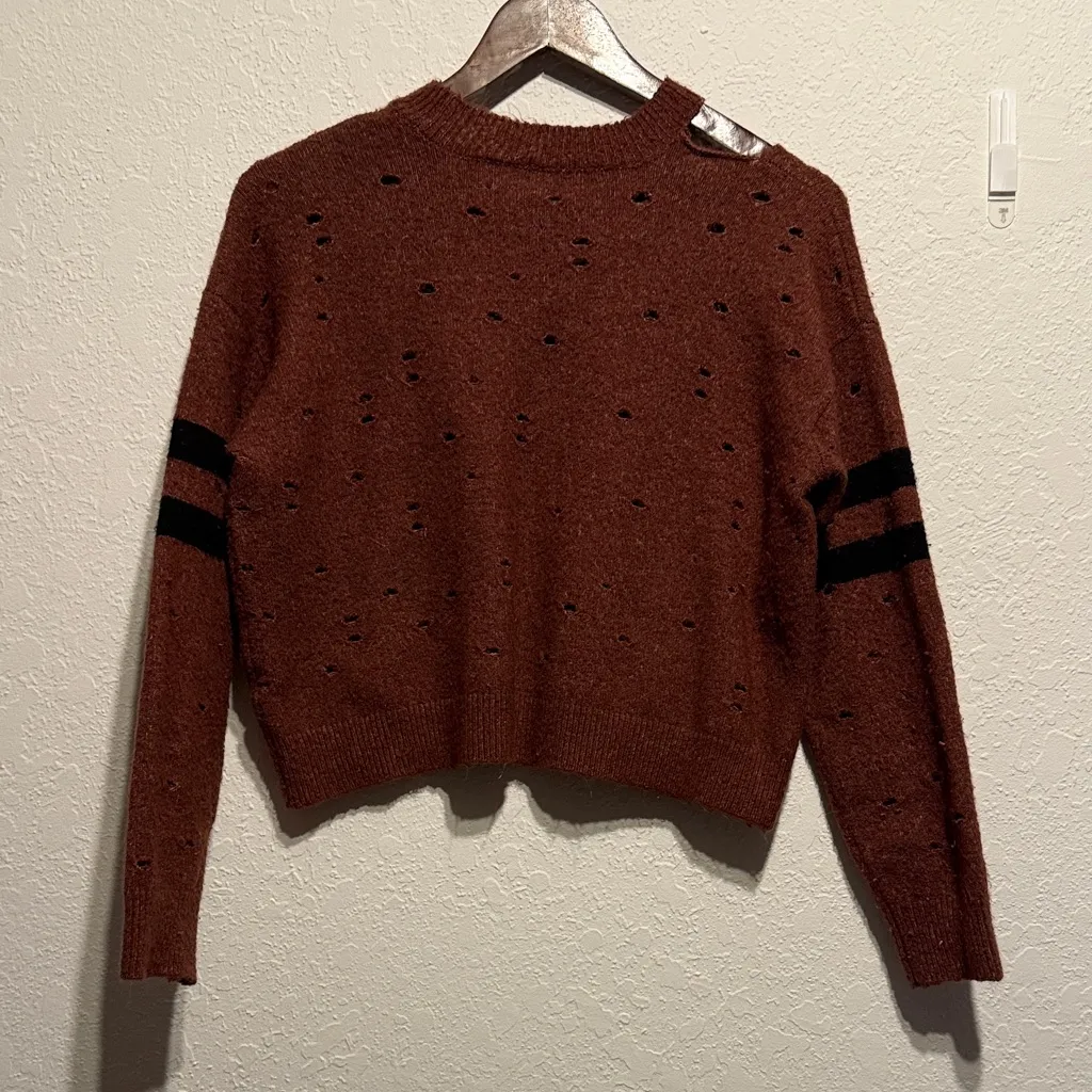 Charlotte Russe Red Distressed Cropped Sweater XS Cutout Grunge Striped Top Punk - Image 6