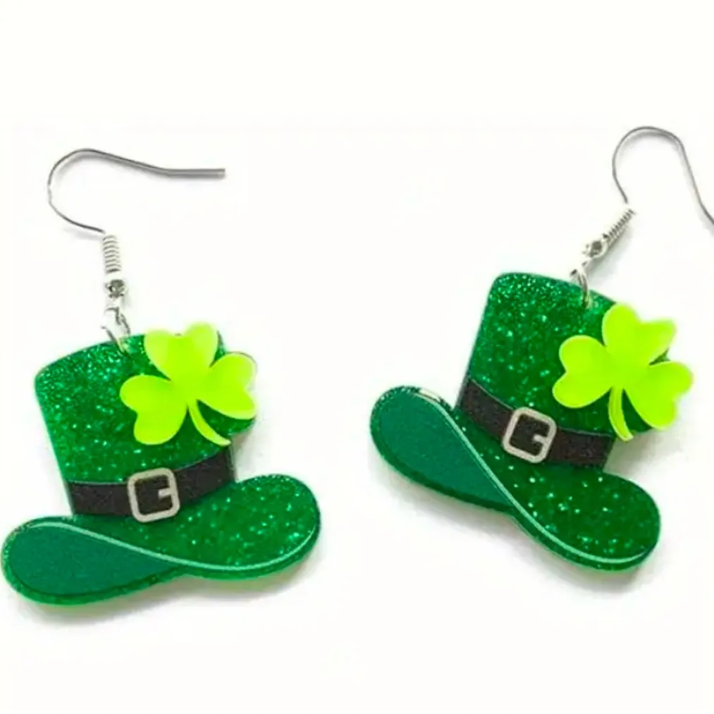 Green Glitter Shamrock Hat Earrings - Image 4