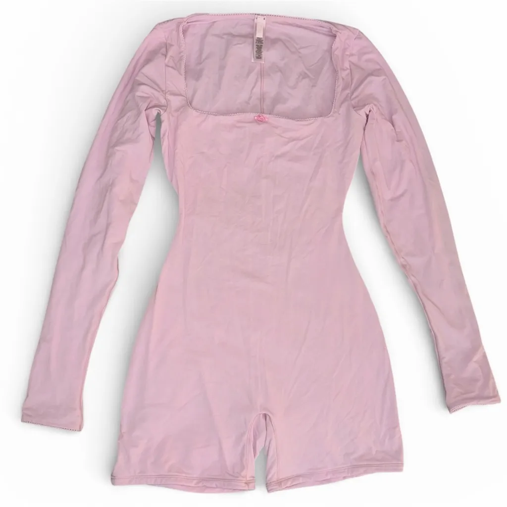 SKIMS Fit Everbody Picot Long Sleeve Onesie, Small, Cherry Blossom (Light Pink) - Image 3
