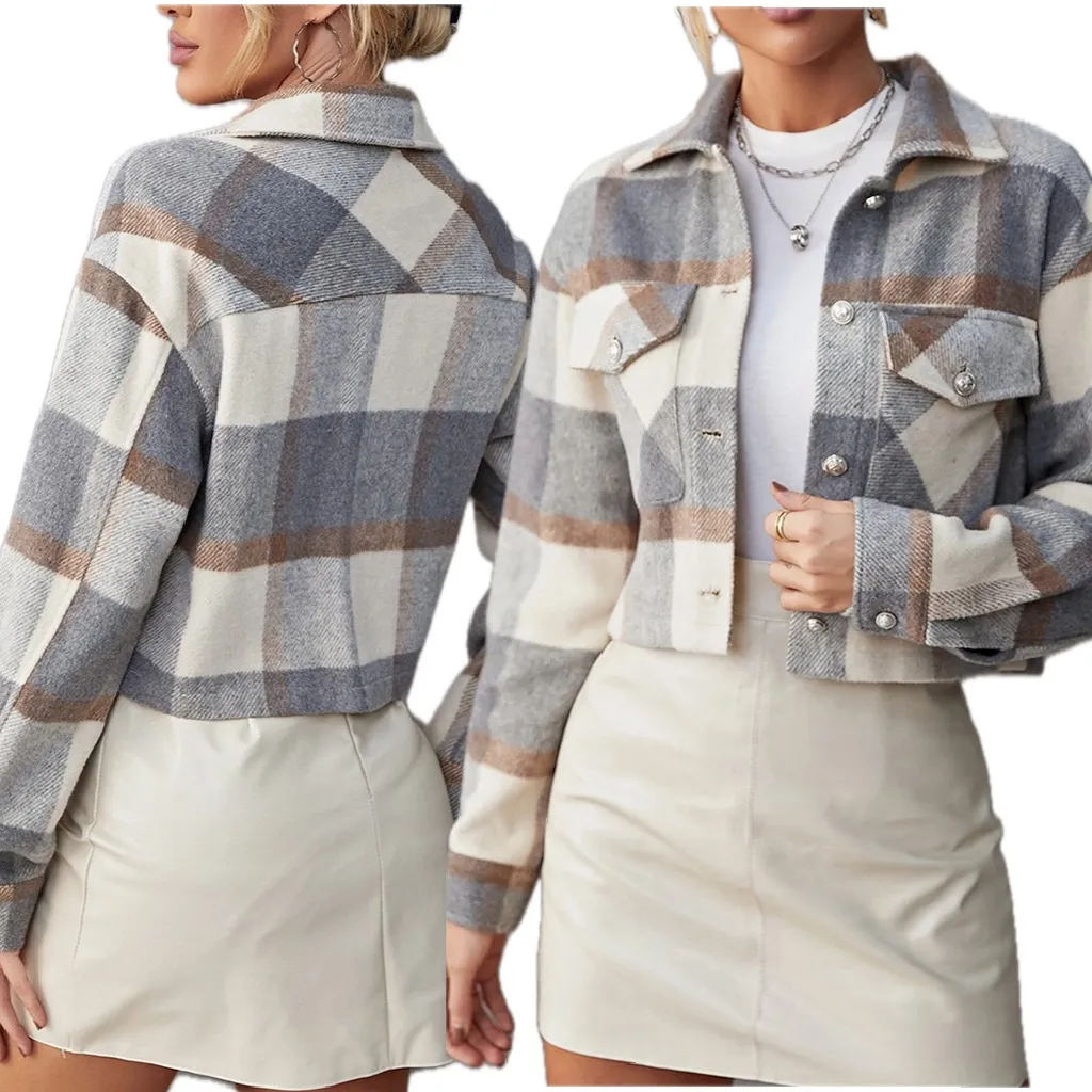 Shein Cropped Plaid Flannel Shacket in Grey & Tan Size XS | 2 - Image 2