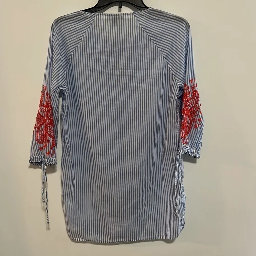 J Crew Striped Nautical Floral Embroidered 3/4
Sleeve Tunic Blouse Top Dress - Image 9
