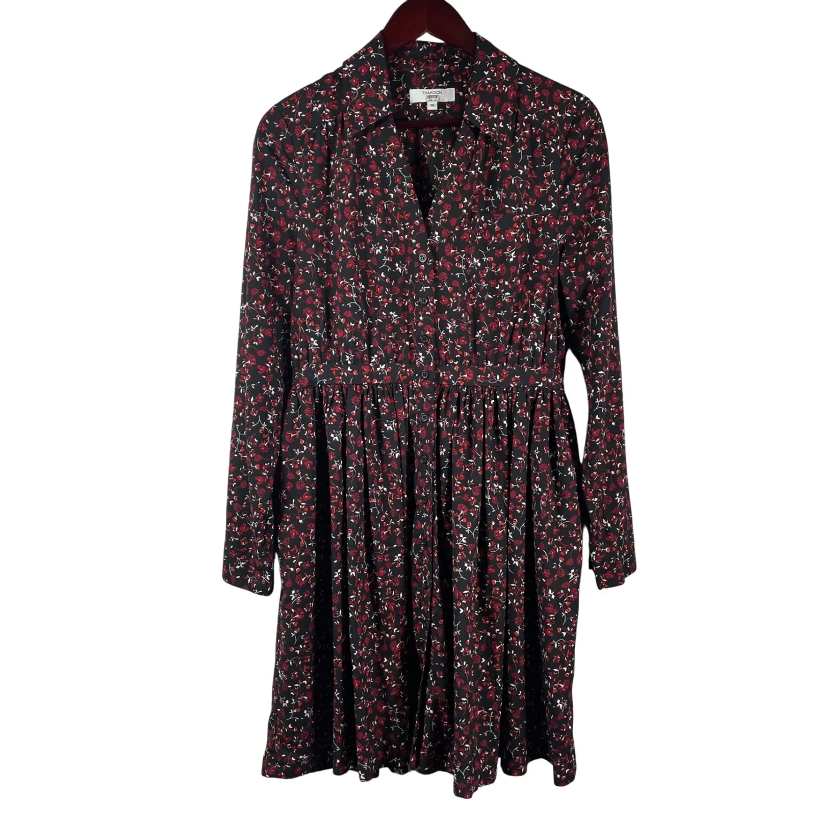 Thakoon Floral Button Front Long Sleeve Dress 10 Black Red Mini Fit Flare‎ Style - Image 2