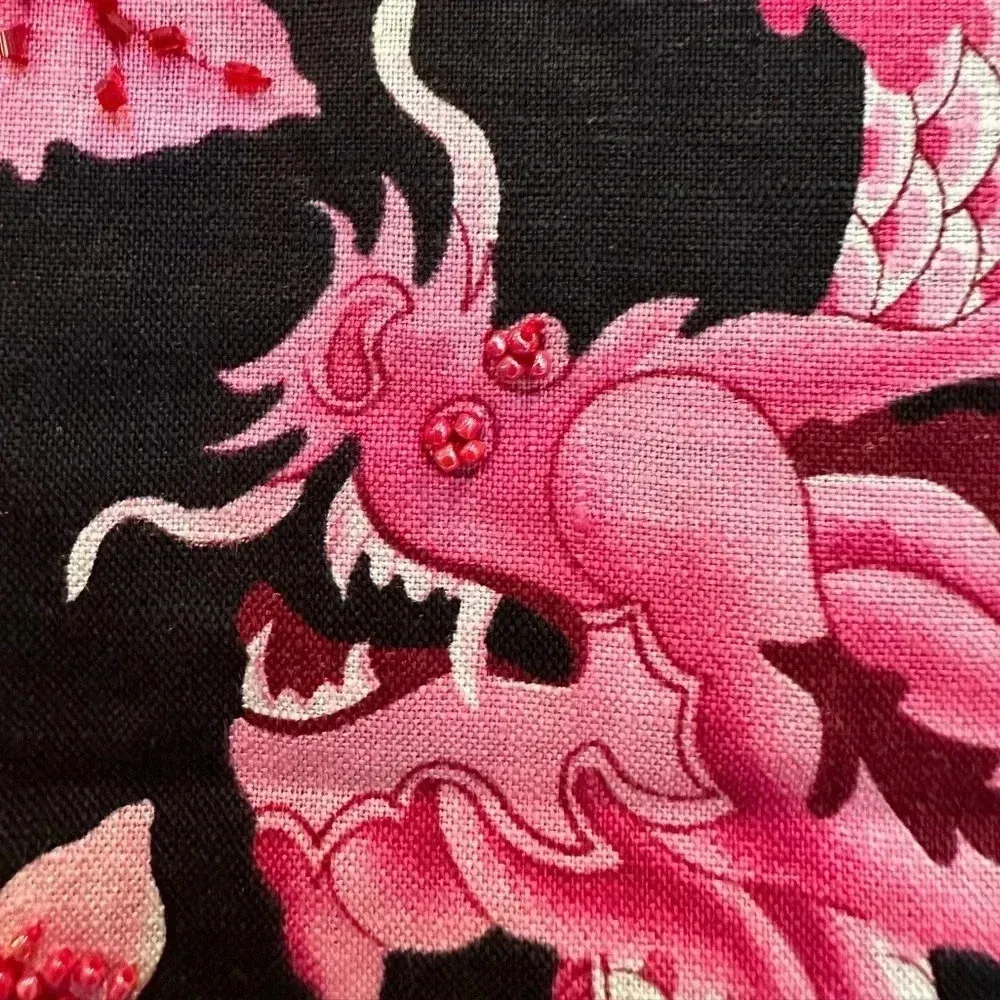 SILKLAND Asian Inspired Linen Black Pink Floral Dragon Skirt Beaded Size 8 Med - Image 3