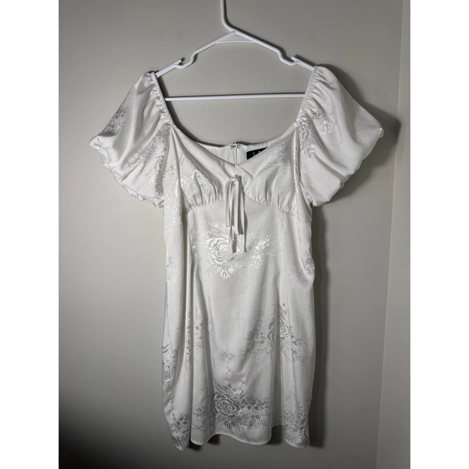 Lulus White Floral Jacquard Puff Sleeve Sweetheart Neckline Mini Dress Size L - Image 2