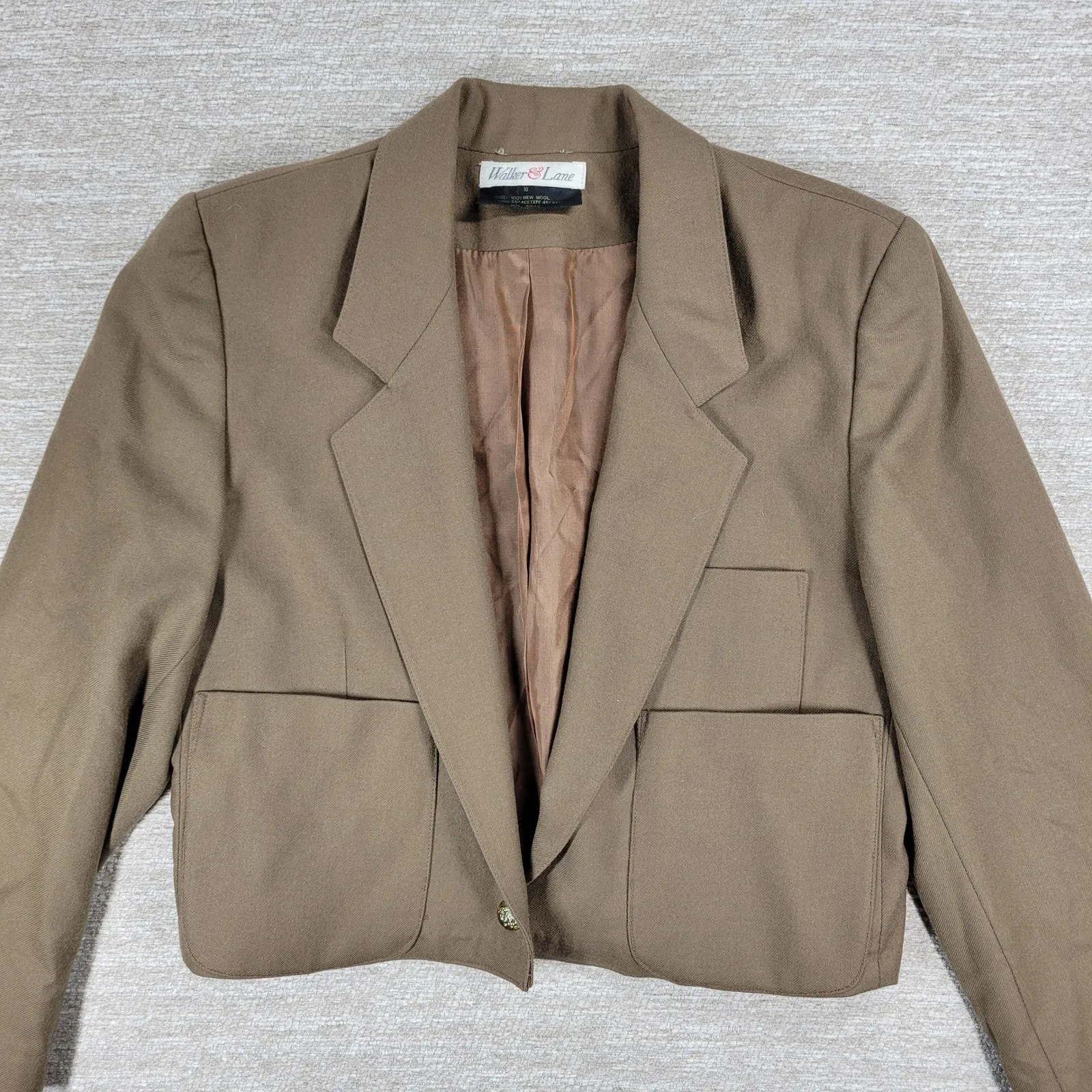 VTG Walker & Lane Cropped Wool Jacket Womens 10 Brown Gold Crest Button Career - Image 4