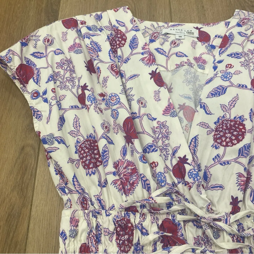 🌟DEREK LAM🌟 FLORAL PRINT TIE WAIST COTTON DRESS PINK/PURPLE SZ 38 OR 2 - Image 4