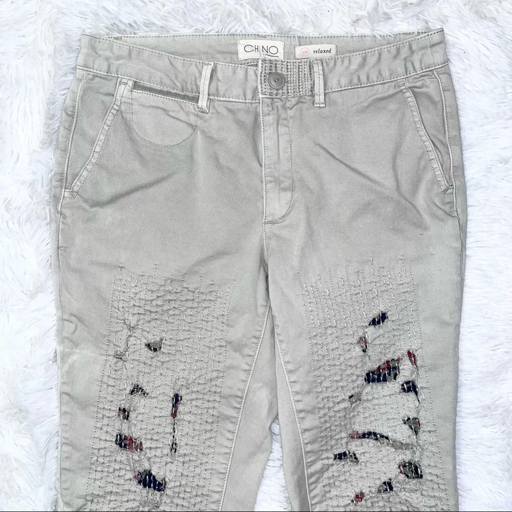 ANTHROPOLOGIE // CHINO Khaki Relaxed Floral Patched Distressed Chino Pants 28 - Image 5