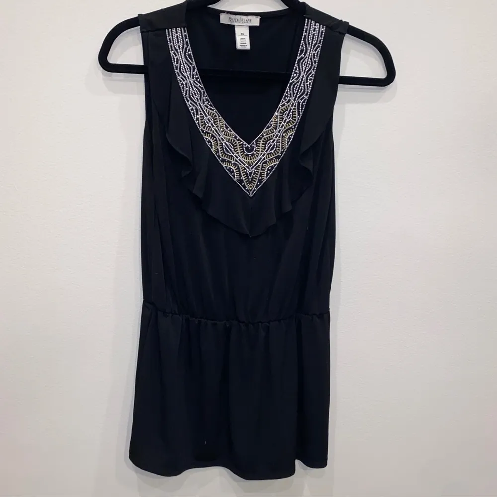 WHBM Black Rhinestone Beaded Metallic Ruffle Tunic Top Size XS - Image 2