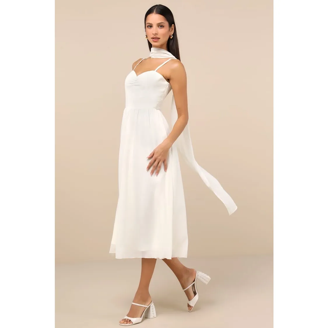 NWT Lulus Irresistibly Darling Ivory Chiffon Midi Dress and Scarf Set Gala Sz M - Image 11