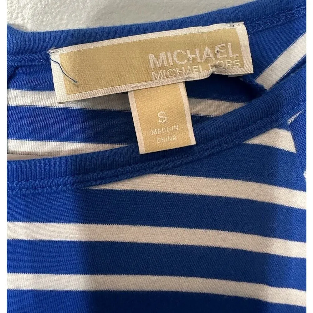 Michael Kors T-shirt Royal Blue & White Striped Gold Logo & Back Zip Size Small - Image 3