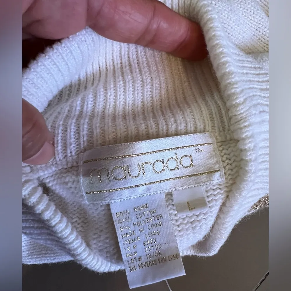 Womens Maurada Ugly Christmas Sweater L Snowflake White Gold Knit Turtleneck VTG Size L - Image 12