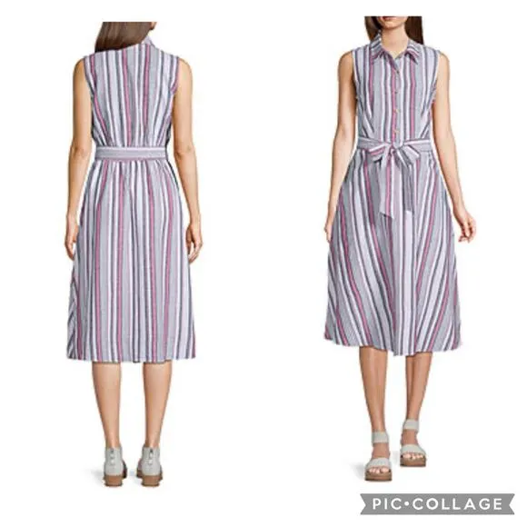 Liz Claiborne Linen stripped sleeveless shirt dress full skirt belted size 12 p - Image 2