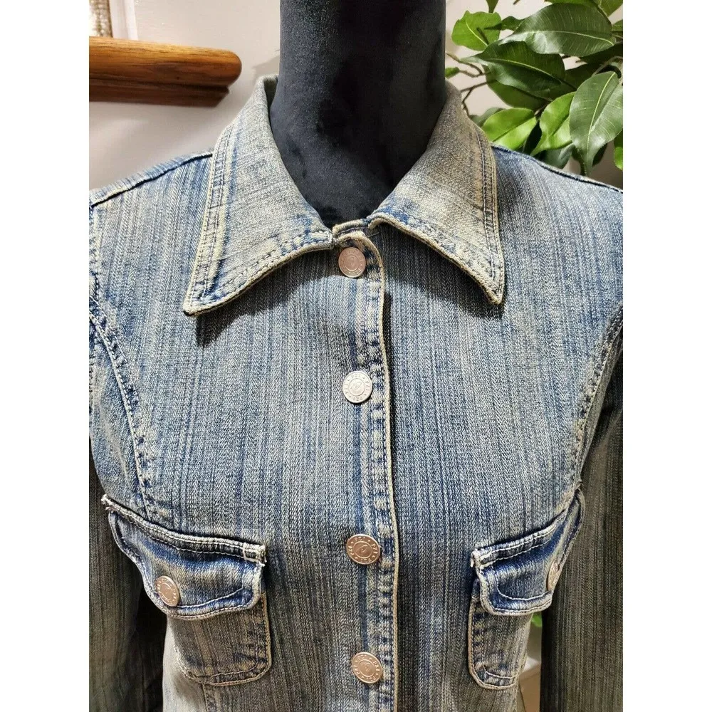 PZI Denim Women Blue Cotton Long Sleeve Buttons Front Jeans Jacket Blazer Size M Size M - Image 2