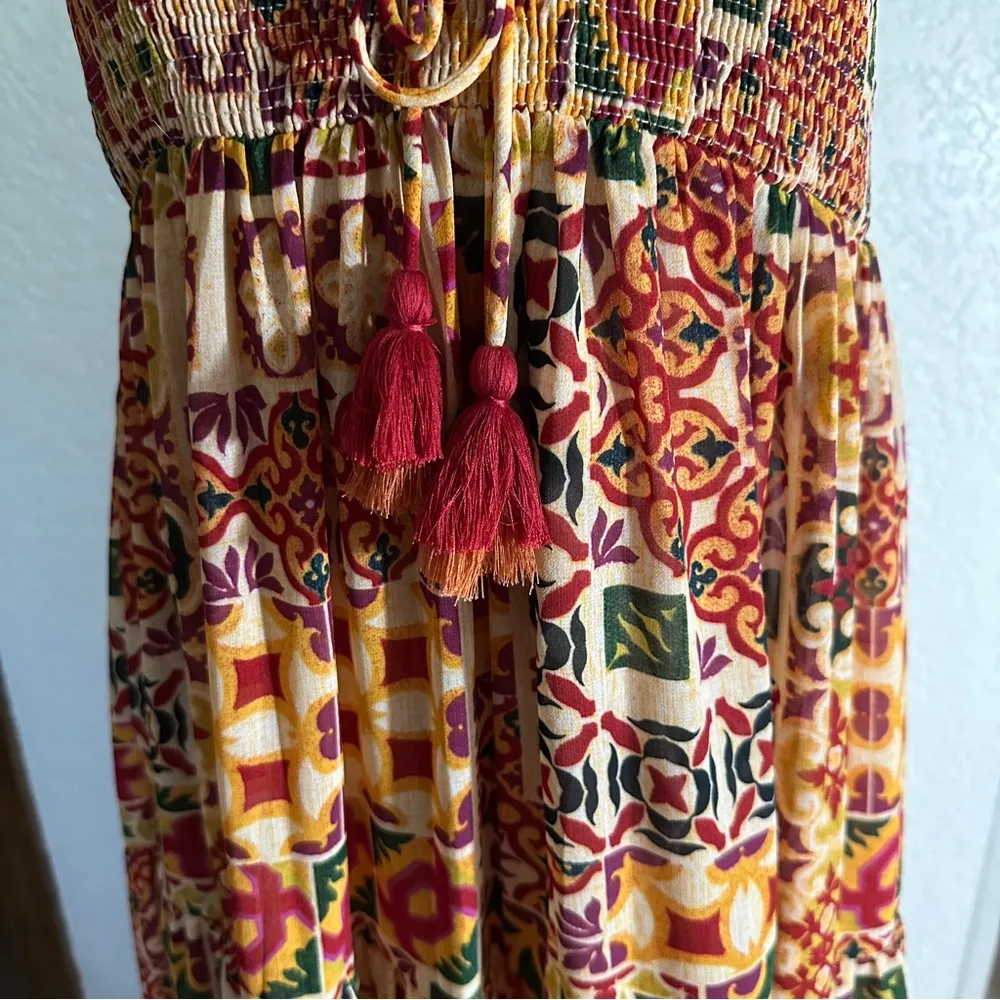 Dress Forum Los Angeles Boho Tiered Smocked Bodice Mosaic Aztec Maxi Dress Large - Image 9