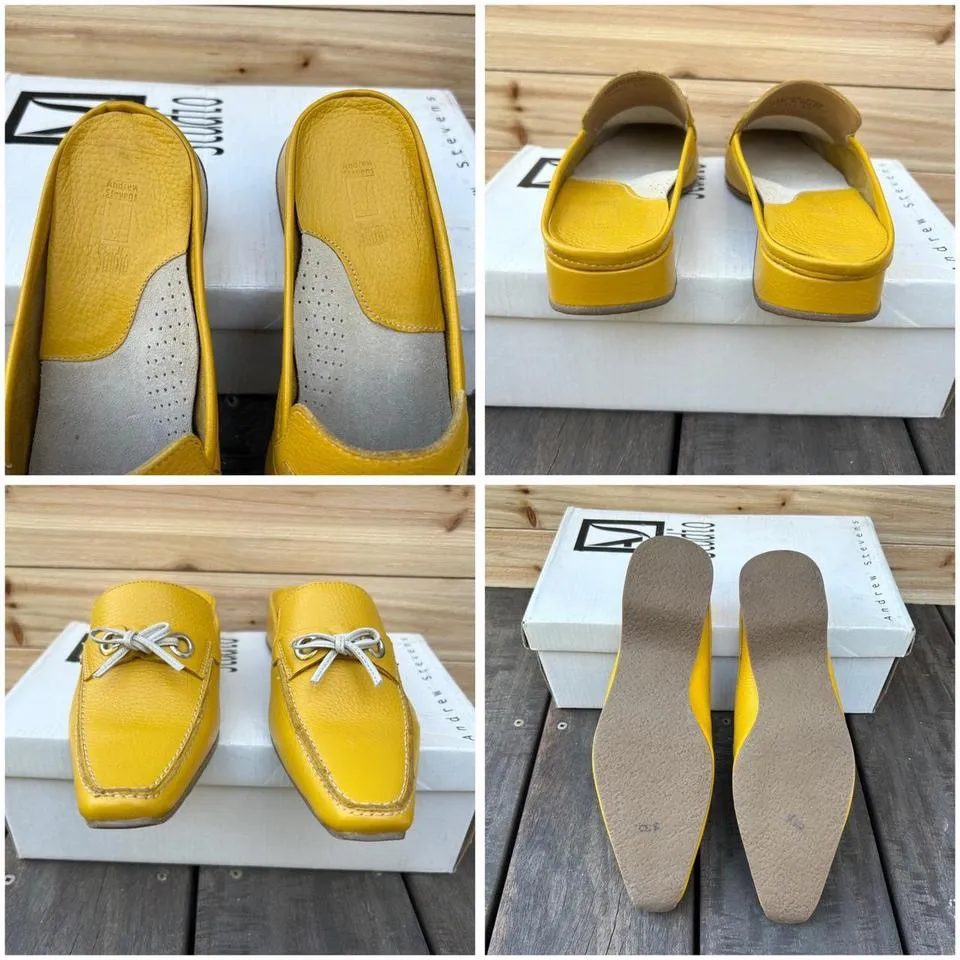 Y2K NWOT New Yellow Leather Mule Loafers Tansy Andrew Stevens Heel Mules w/ Box Size 6.5 - Image 5
