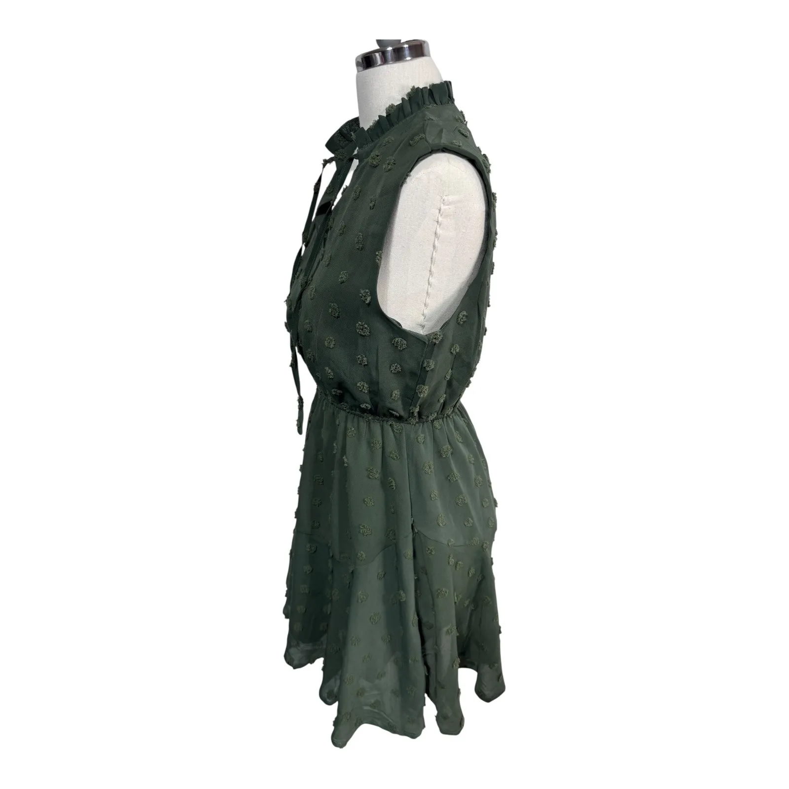 Simplee Swiss Dot Chiffon Ruffle Mini‎ Dress Army Green Sleeveless Women's Small - Image 5