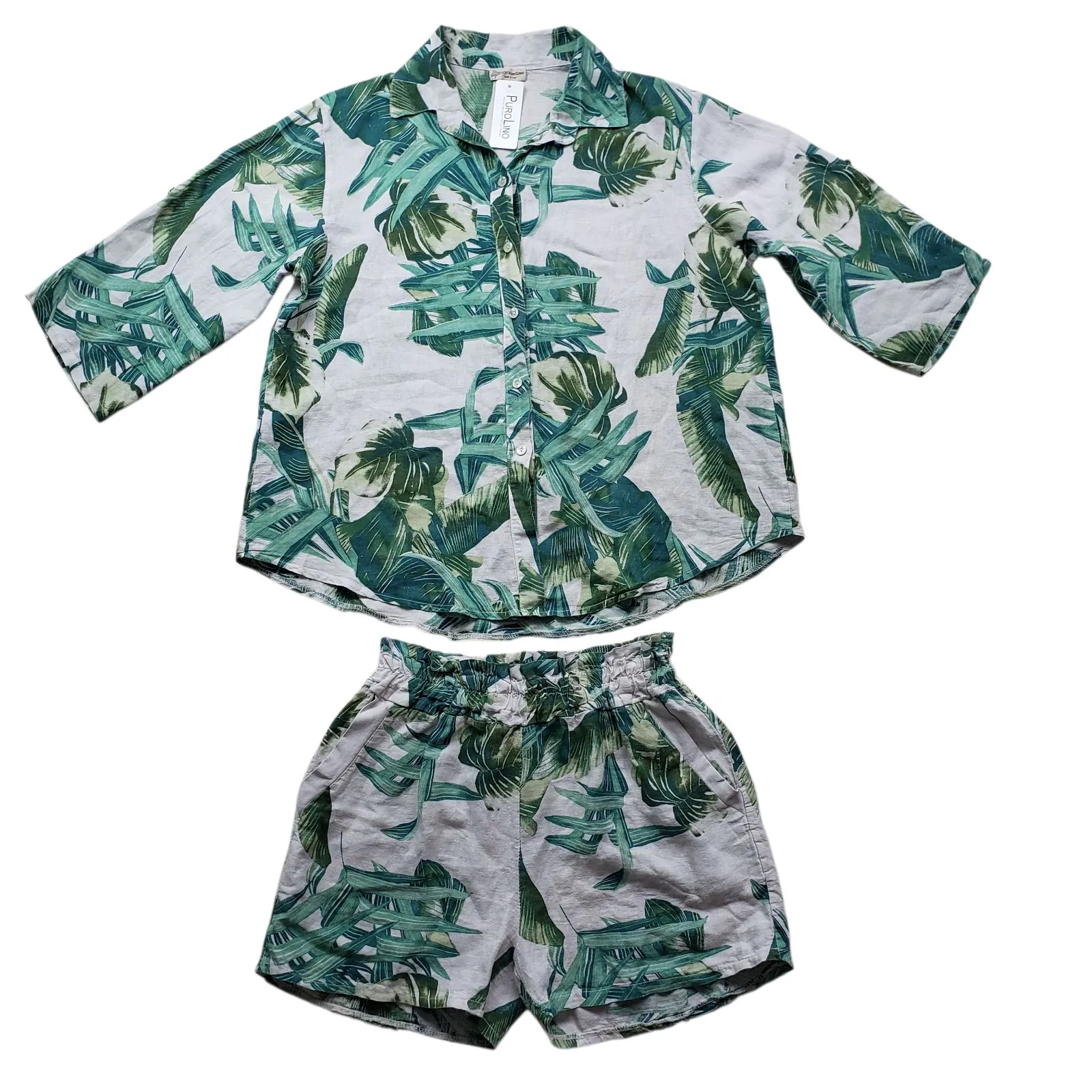 PURO LINO 100% Linen Italy Palms XL Set 2 Piece Blouse & Short Casual - Image 6