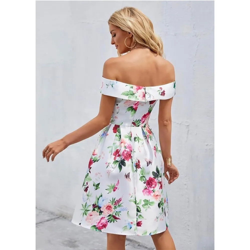 NEW Floral Dress Off Shoulder A Line 1950s Retro Vintage M White Size M - Image 2