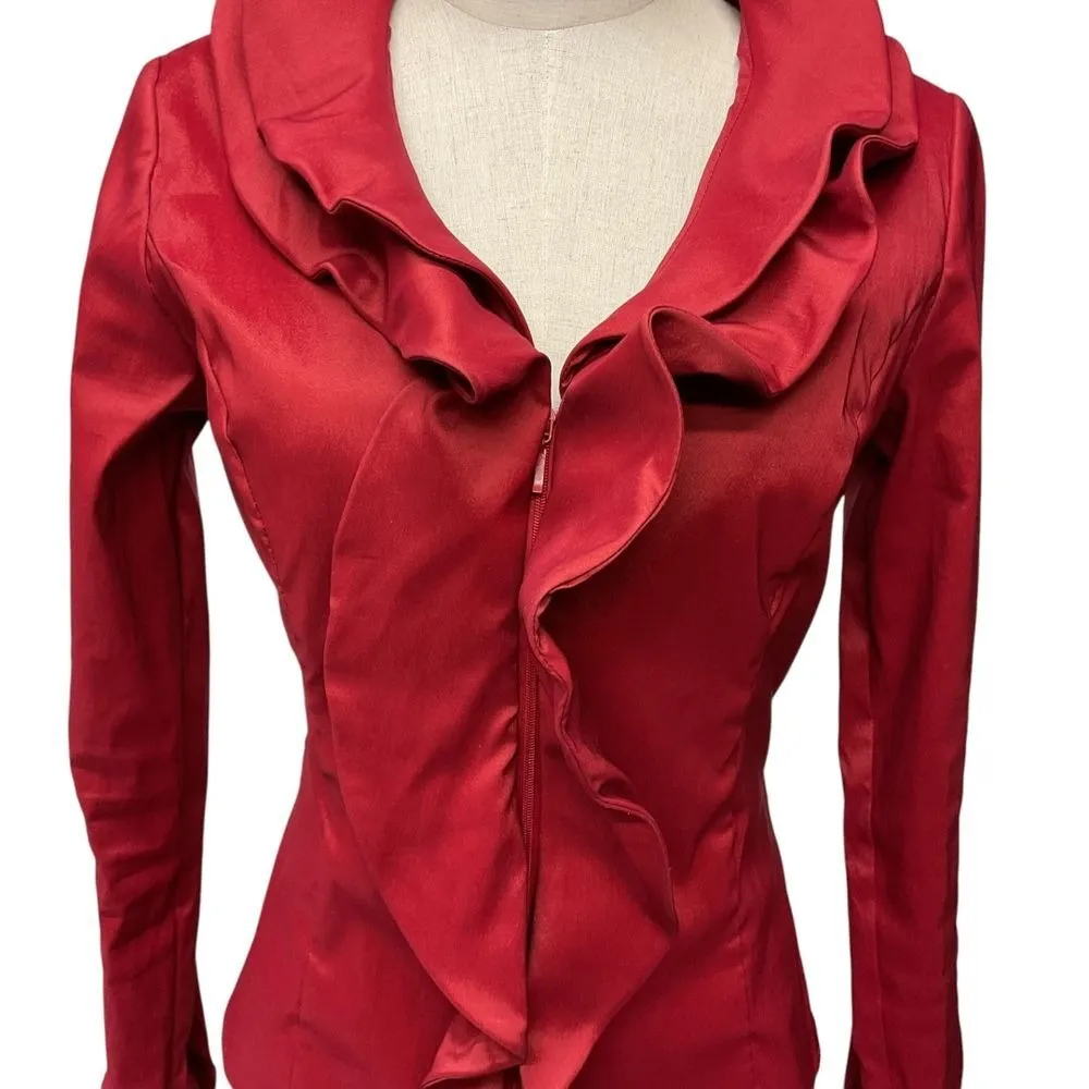 Samuel Dong Designer‎ Women's Satin Ruffle Long Sleeve Jacket Sz XS Red Holiday - Image 3