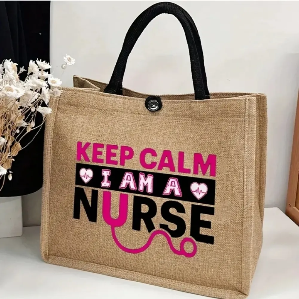 NWT! Nurse Patterned Keep Calm I'm A Nurse Light Weight Tote Bag Tan - Image 6