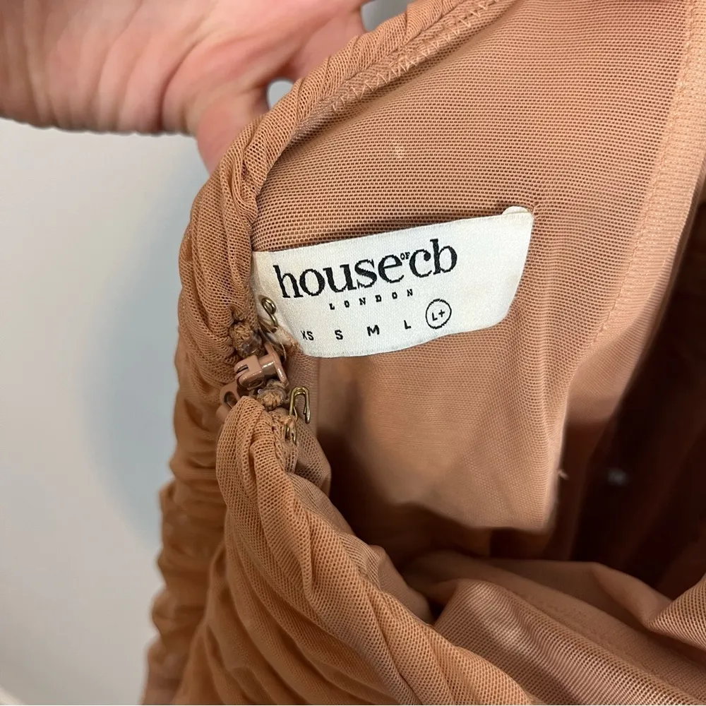 House of CB Tiarra Ruched Mesh Bodycon Dress Nude Tan XL - Image 7