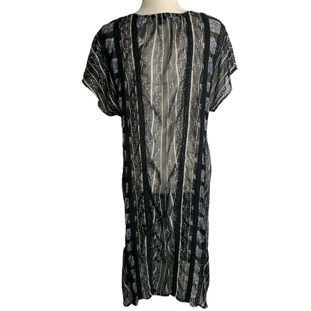 Lucky Brand Sheer High Low Dress M Black Floral Short Sleeve V Neck Crochet Lace - Image 4