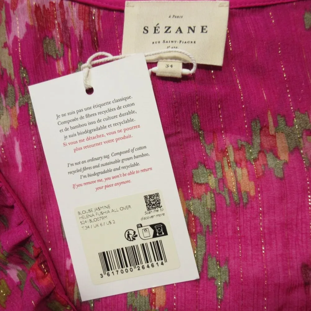 NWT Sezane Jasmine Blouse in Helena Fuchsia Pink Floral Sheer Chiffon Top 34 / 2 - Image 7
