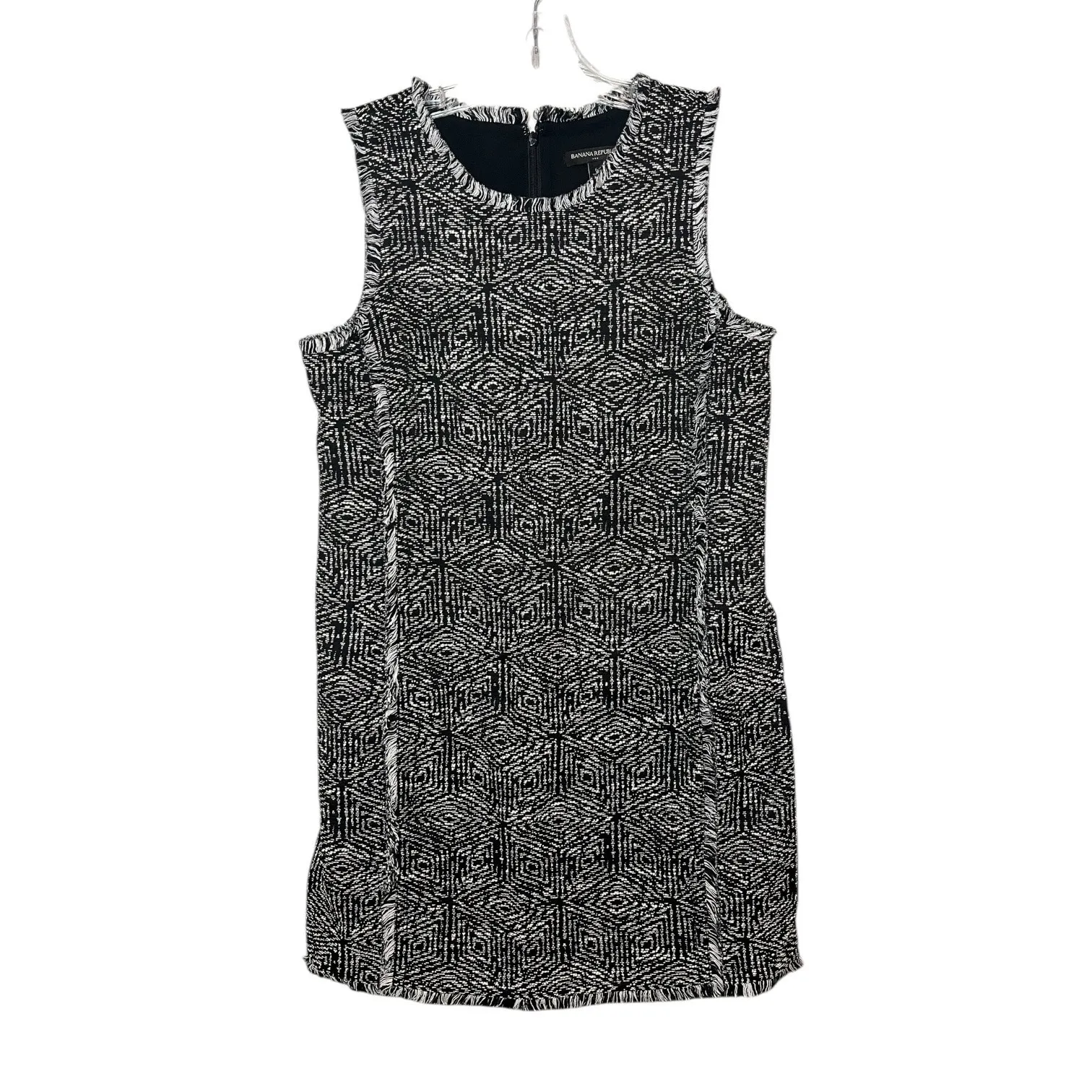 Banana Republic Black White Geo Tweed Sleeveless Shift Dress Fringe Trim Sz 6 - Image 2
