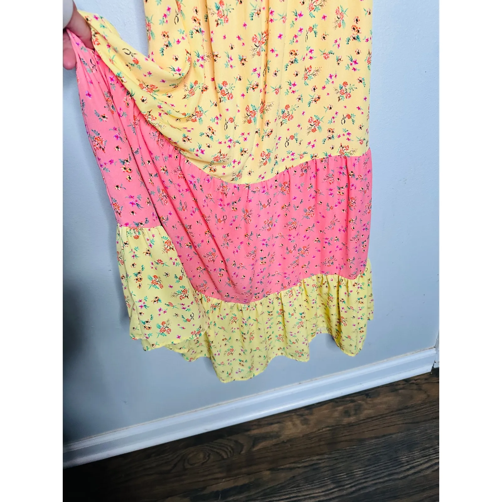 COLOR ME COURTNEY Yellow Pink Ditsy Flower Printed Cece Maxi Dress Size 2 - Image 9