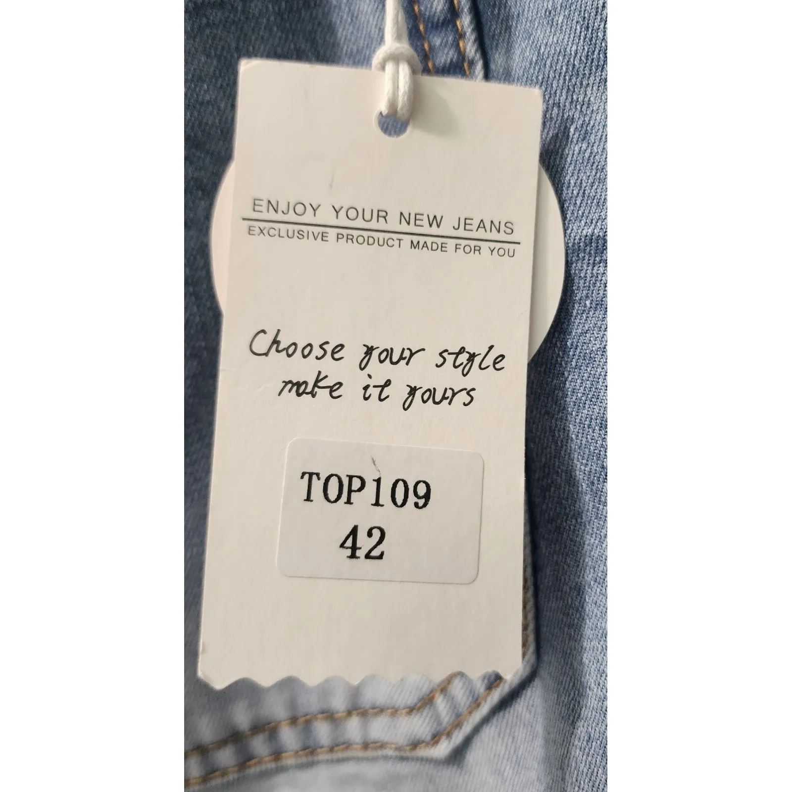 Top Trends Denim Flare Jeans Distressed Frayed Hem Button Fly Light Wash 32 Blue Size 42 - Image 6