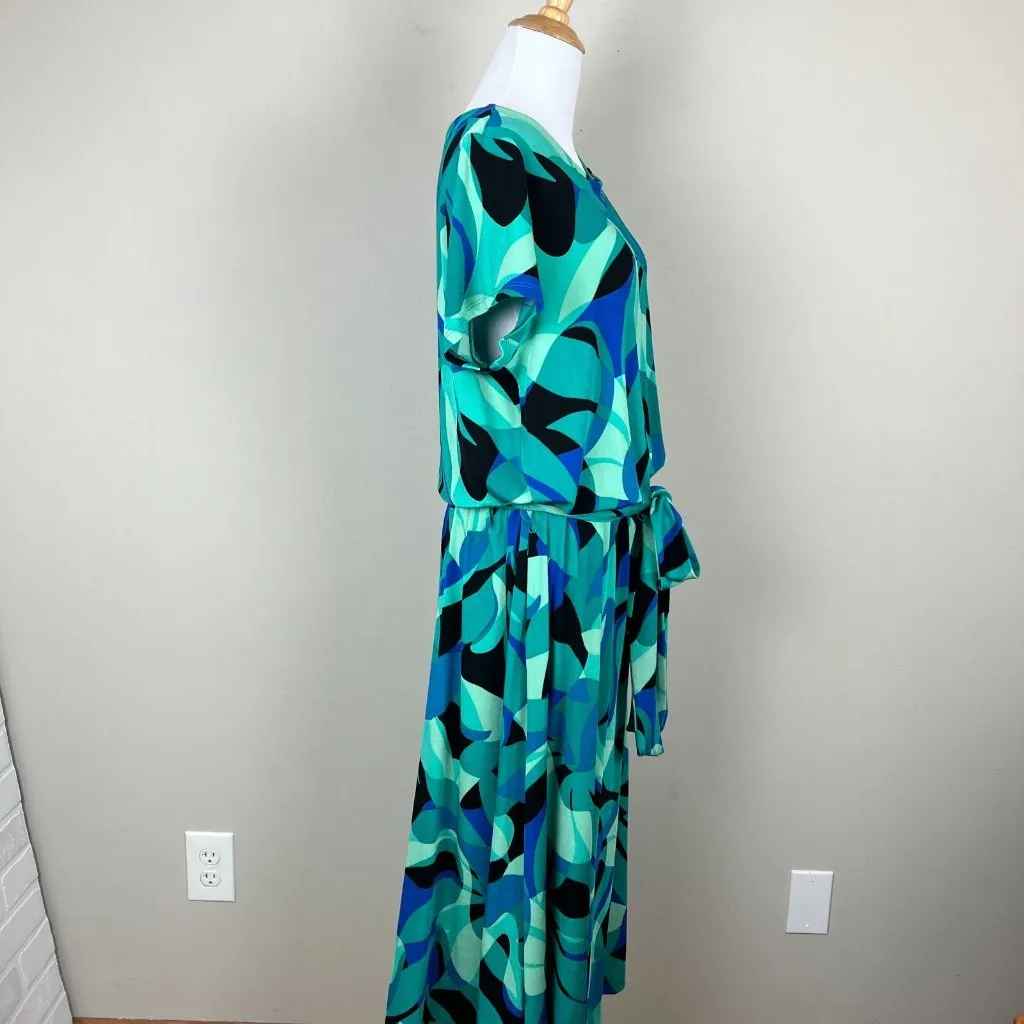 Chicos 3‎ Travelers Maxi Dress XL Green Leafy Oasis Cap Sleeve Belted Waist New - Image 5