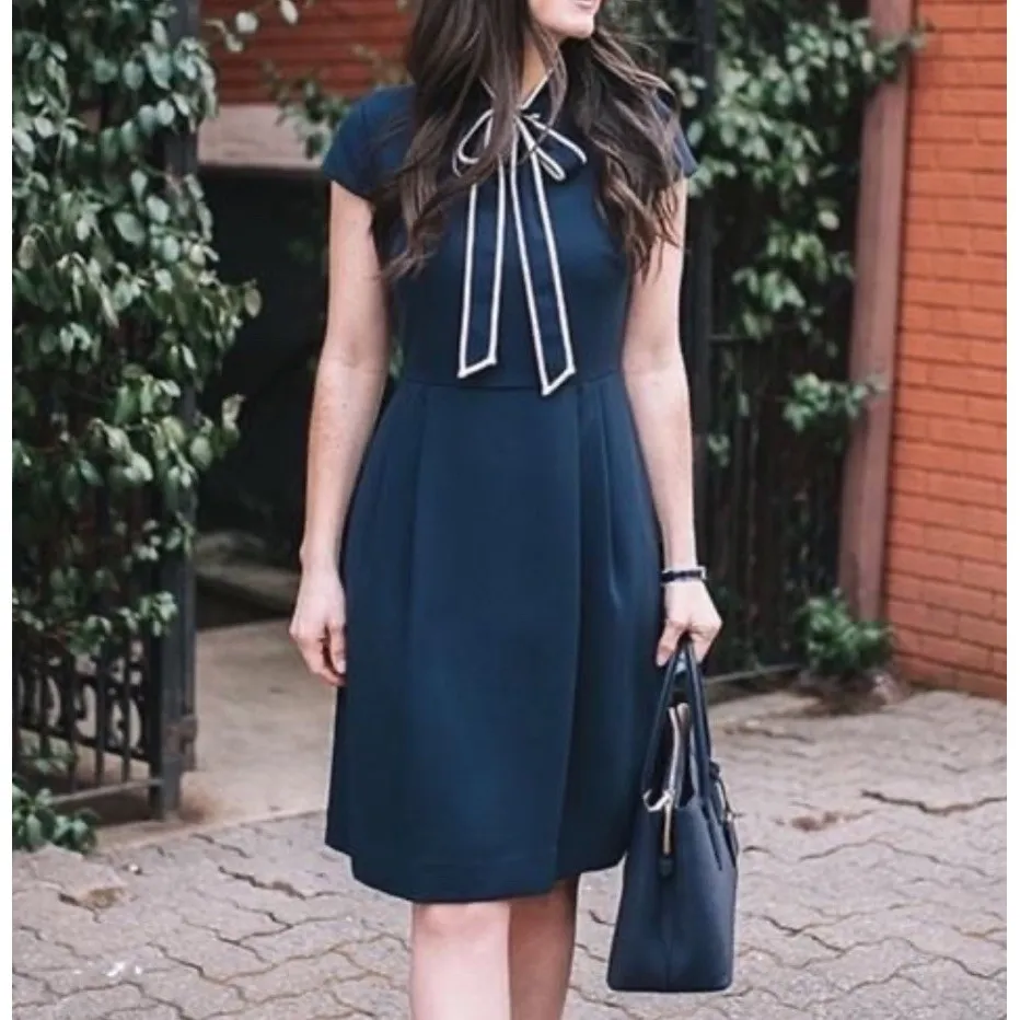 J CREW Navy Blue Tie Neck Crepe Dress Size P8 A-Line Sleeve Workwear NWT‎ - Image 3